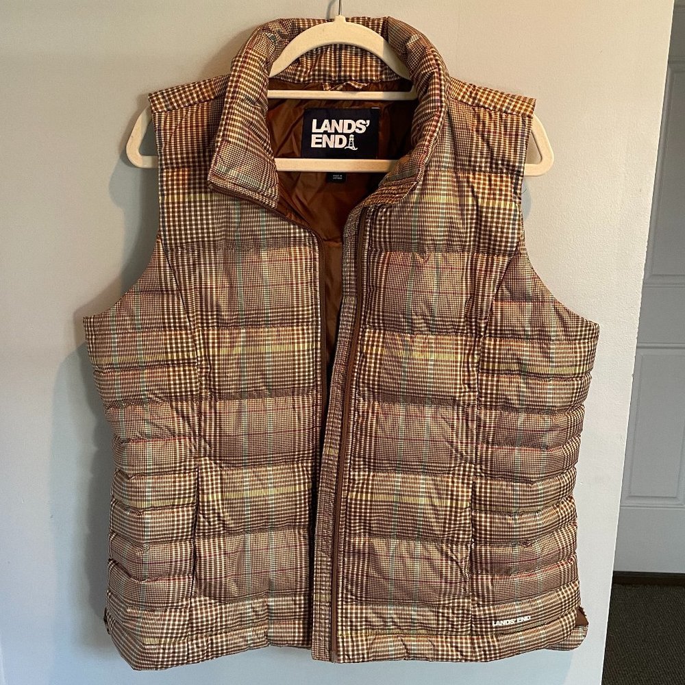 Lands End Down Puffer Vest Women's Large (14-16) Brown Purple White Plaid